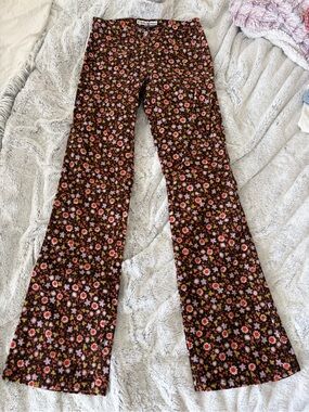 Vintage Blue Asphalt Floral Print Corduroy Flare Bootcut Jeans Pants